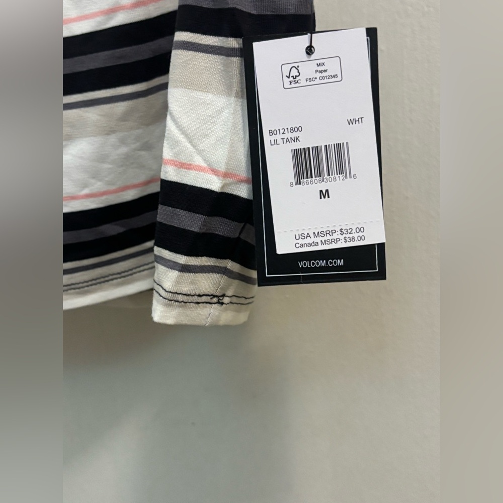 Volcom Multi-Striped crop tank in Black, White, and Pink